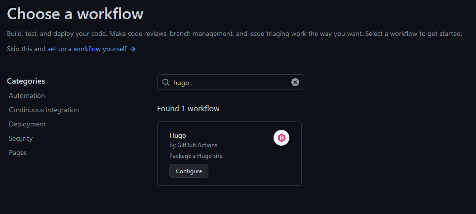 Hugo workflow in Github Actions search