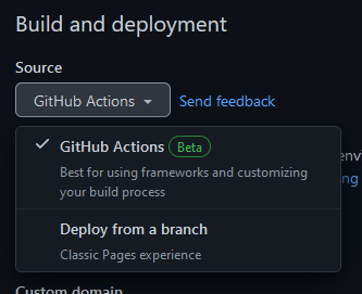 Dropdown on Github with the Github Actions option selected
